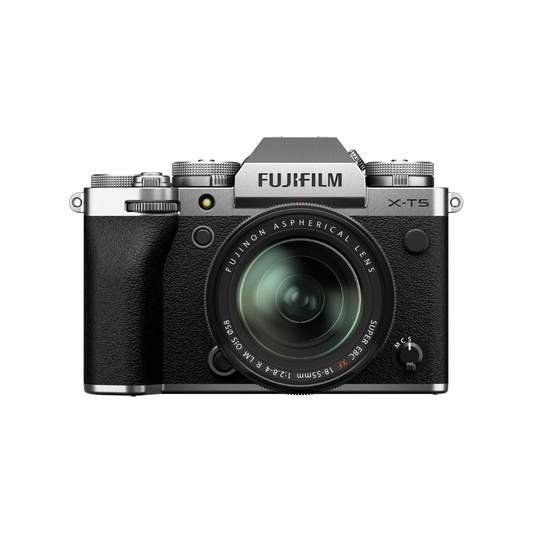 FUJIFILM X-T5 mirrorless camera with 18-55mm f/2.8-4 lens kit – top view of compact professional camera