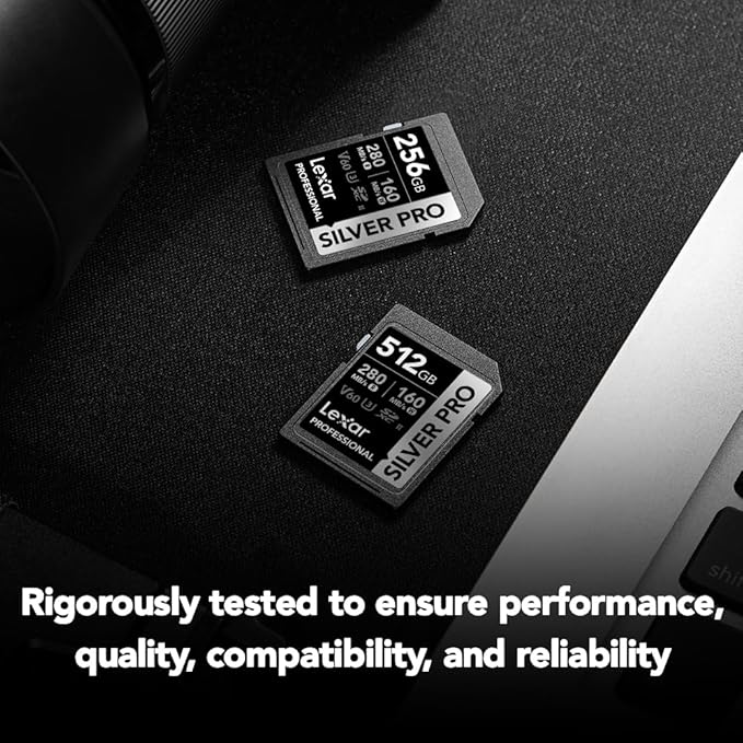 128GB Lexar® Professional Silver Pro SDXC™ UHS-II cards, up to 280MB/s read 120MB/s write C10 V60 U3