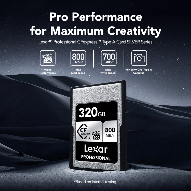 320GB Lexar® Professional CFexpress™ Type A card Silver Serie, up to 800MB/s read 700MB/s write. VPG 200