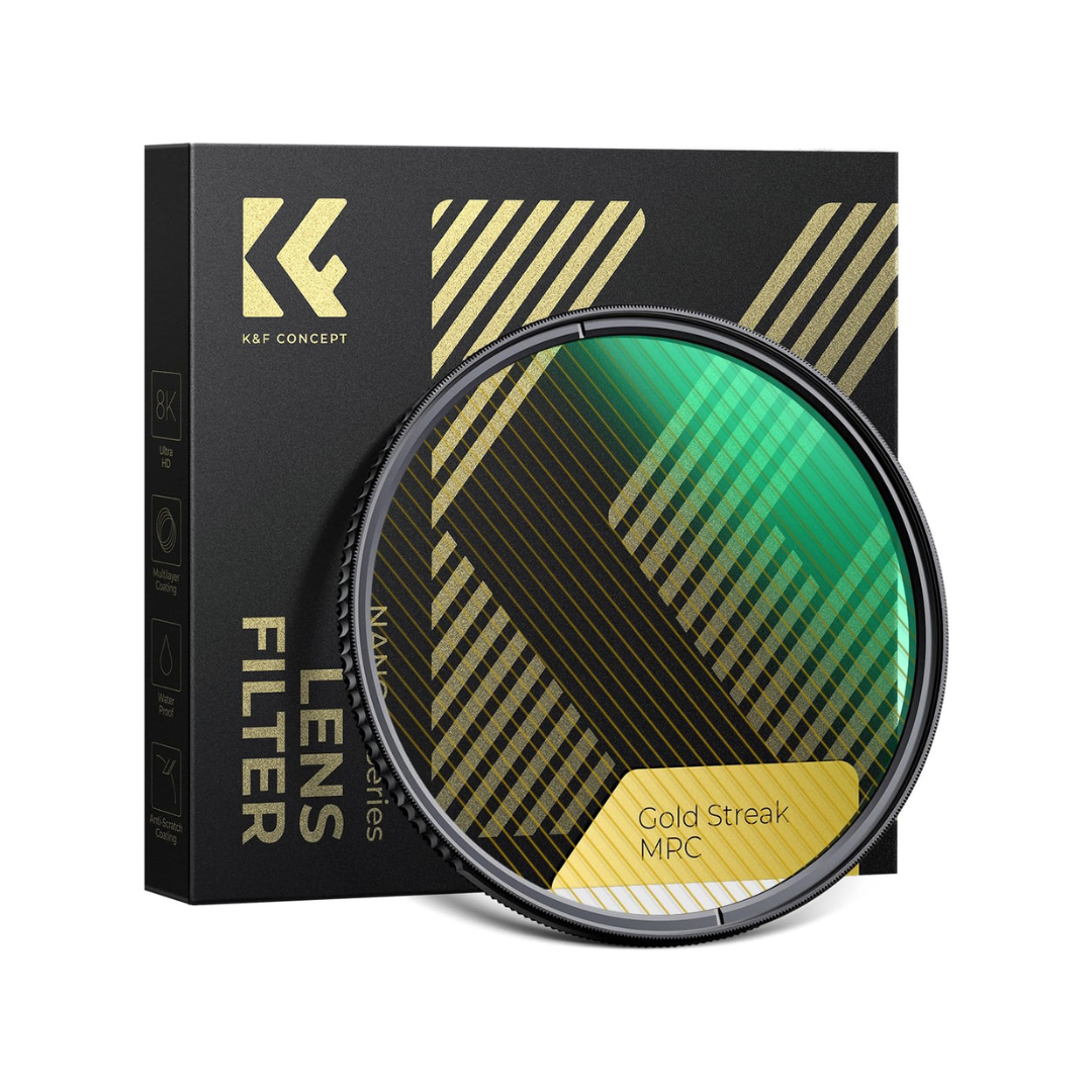 K&F Gold Streak Light Flare Filter 82MM creating cinematic golden streak effect on lights