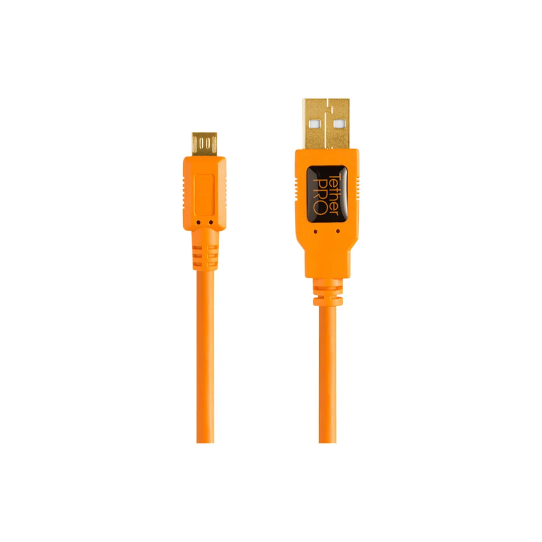 TetherPro USB 2.0 to Mini-B 5-Pin camera tether cable in high-visibility orange for photography and data transfer.