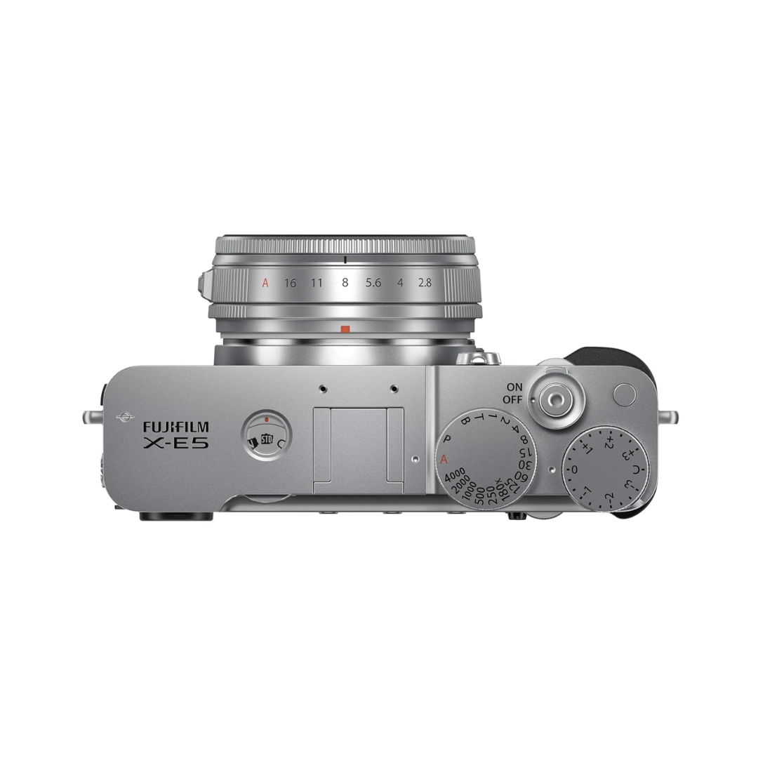 Fujifilm X-E5 silver mirrorless camera with 23mm lens front view