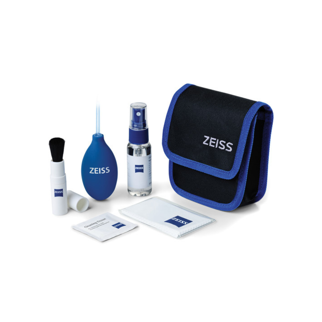 Zeiss Lens Cleaning Kit with cleaning solution, wipes, and brush for cameras and optics