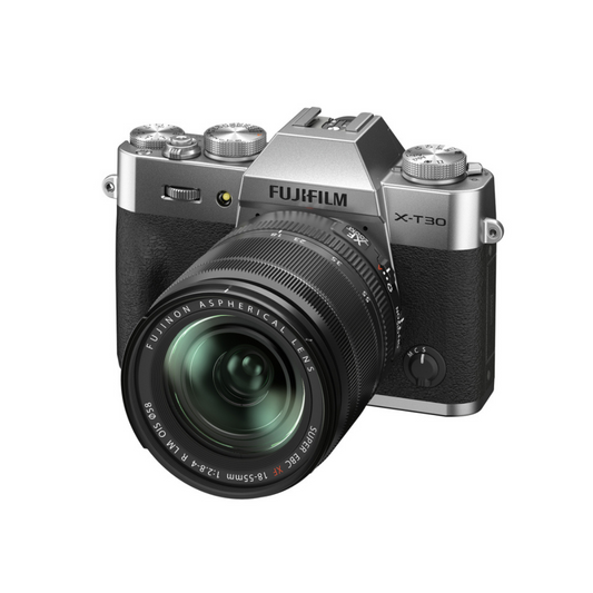 Fujifilm X-T30 mirrorless camera with 18-55mm f/2.8-4 lens kit – front view