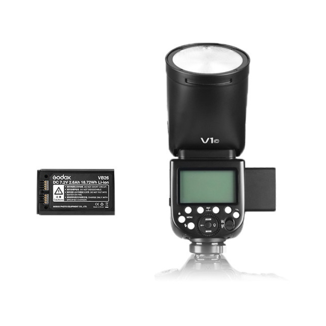 Godox V1 round-head TTL flash for Canon DSLR and mirrorless cameras available for rent at Camera Club Bangalore.