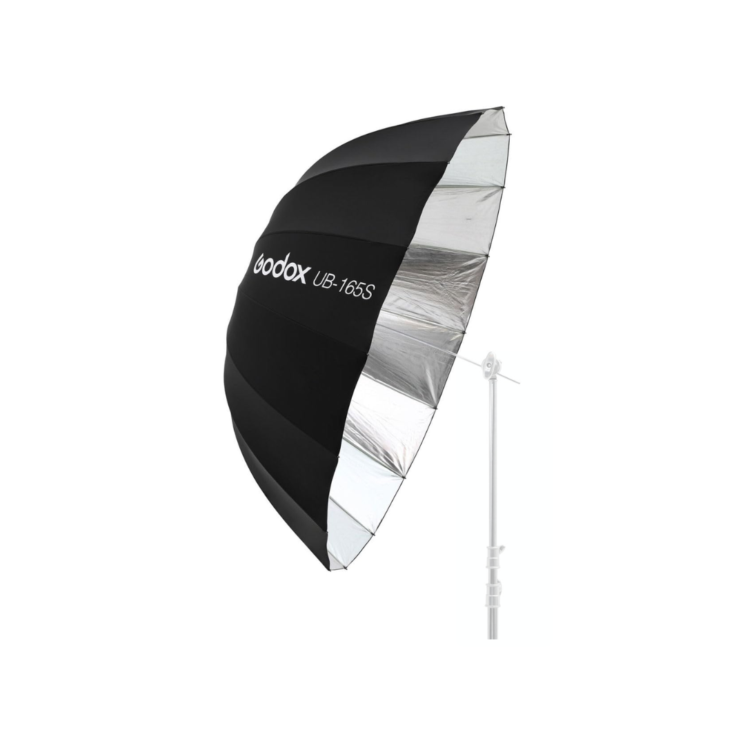 Rent the Godox UB-165S Silver Parabolic Umbrella with Diffuser Cloth from Camera Club Bengaluru. Ideal for portrait, fashion, and studio photography with soft, even lighting.