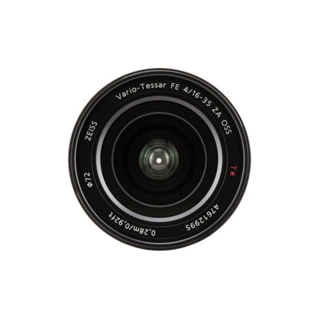 Used Sony Vario-Tessar T* FE 16-35mm F4 ZA OSS Lens for Sony E mount available at Camera Club. Ideal for landscape, architecture, travel, and video photography.