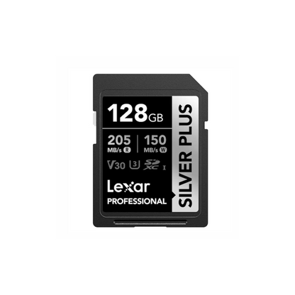 128GB Lexar® Professional SILVER PLUS SDXC™ UHS-I cards, up to 205MB/s read 150MB/s write C10 V30 U3