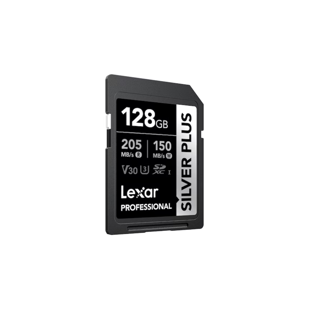 128GB Lexar® Professional SILVER PLUS SDXC™ UHS-I cards, up to 205MB/s read 150MB/s write C10 V30 U3