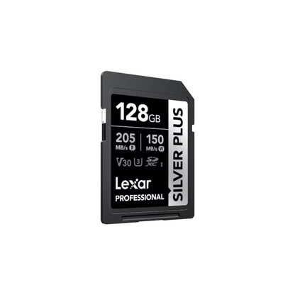 128GB Lexar® Professional SILVER PLUS SDXC™ UHS-I cards, up to 205MB/s read 150MB/s write C10 V30 U3