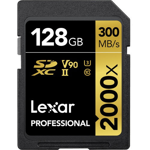 128GB Lexar® Professional 2000x SDXC™ UHS-II cards, up to 300MB/s read 260MB/s write C10 V90 U3