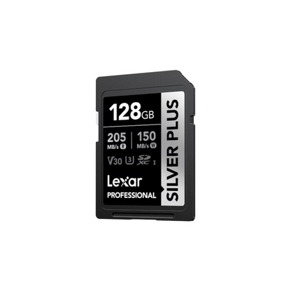 128GB Lexar® Professional SILVER PLUS SDXC™ UHS-I cards, up to 205MB/s read 150MB/s write C10 V30 U3