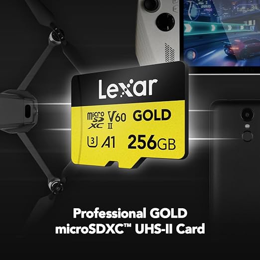 256GB Lexar® GOLD microSDXC™ UHS-IIcards, up to 280MB/s read，180MB/s Write, C10 A1 V60 U3