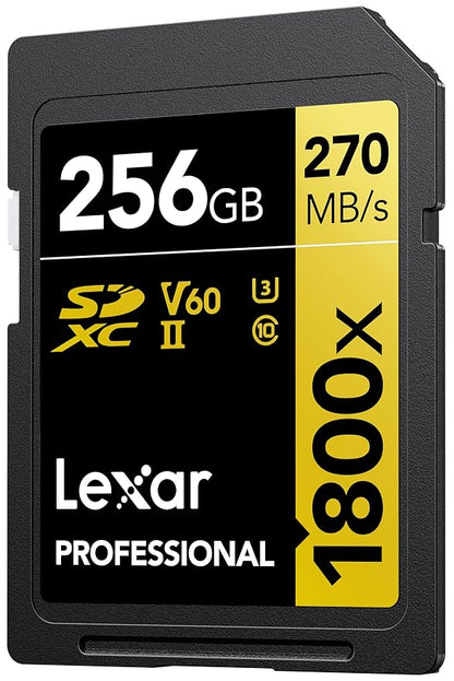 256GB Lexar® Professional 1800x SDXC™ UHS-II cards, up to 280MB/s read 210MB/s write C10 V60 U3