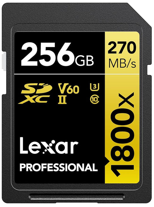 256GB Lexar® Professional 1800x SDXC™ UHS-II cards, up to 280MB/s read 210MB/s write C10 V60 U3