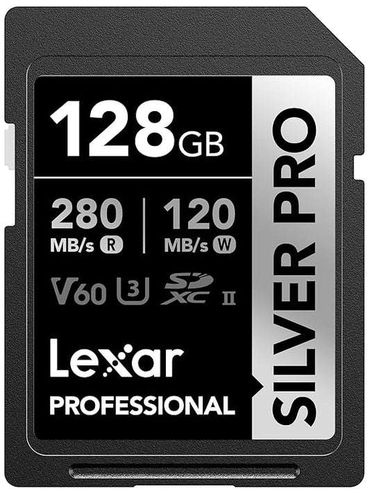 128GB Lexar® Professional Silver Pro SDXC™ UHS-II cards, up to 280MB/s read 120MB/s write C10 V60 U3