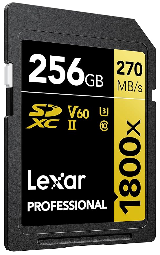 256GB Lexar® Professional 1800x SDXC™ UHS-II cards, up to 280MB/s read 210MB/s write C10 V60 U3