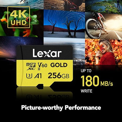 256GB Lexar® GOLD microSDXC™ UHS-IIcards, up to 280MB/s read，180MB/s Write, C10 A1 V60 U3