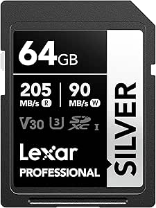 64GB Lexar® Professional SILVER  SDXC™ UHS-I cards, up to 205MB/s read 90MB/s write C10 V30 U3