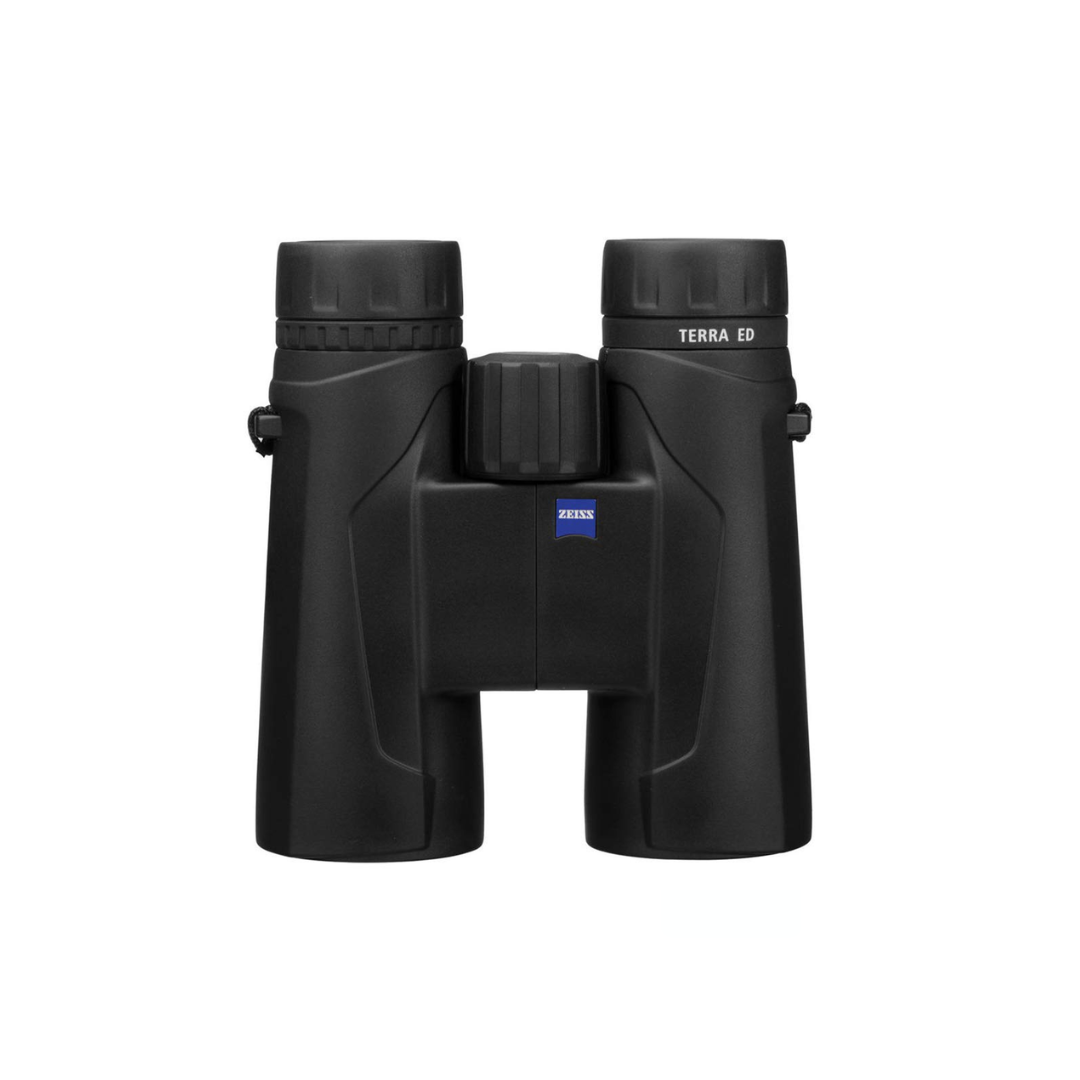 Unboxed Zeiss Terra ED 8x42 binoculars in black for birdwatching, wildlife observation, travel, and outdoor adventures. Available at Camera Club.