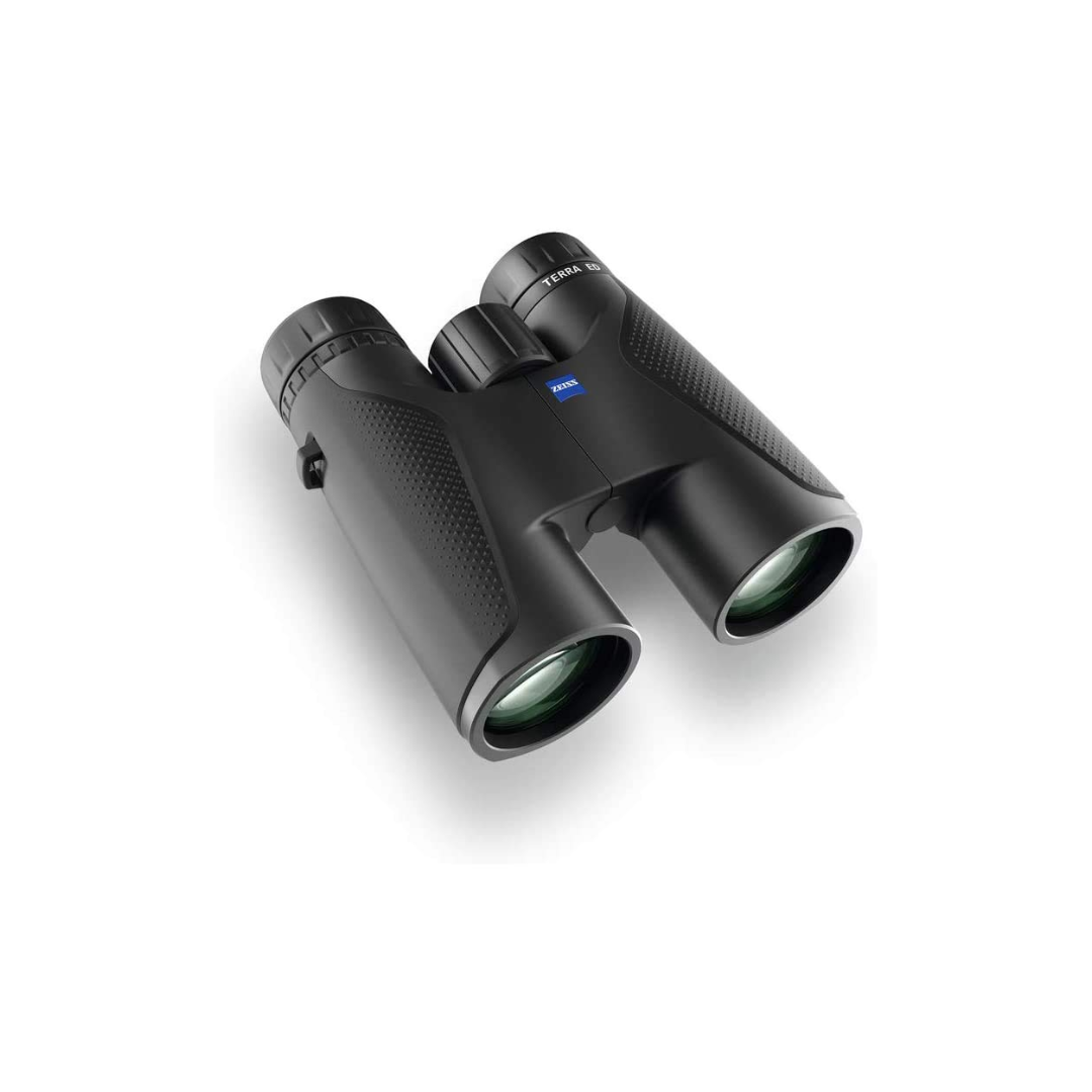 Unboxed Zeiss Terra ED 8x42 binoculars in black for birdwatching, wildlife observation, travel, and outdoor adventures. Available at Camera Club.