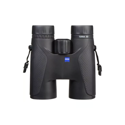 Demo ZEISS Terra ED 8x42 binoculars in Black/Orange with 8x magnification and 42mm objective lenses. Available at Camera Club for birdwatching, wildlife, travel, and outdoor observation.