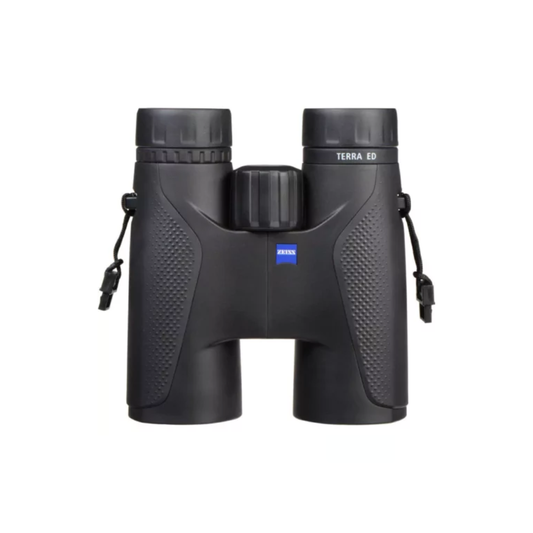Demo ZEISS Terra ED 8x42 binoculars in Black/Orange with 8x magnification and 42mm objective lenses. Available at Camera Club for birdwatching, wildlife, travel, and outdoor observation.