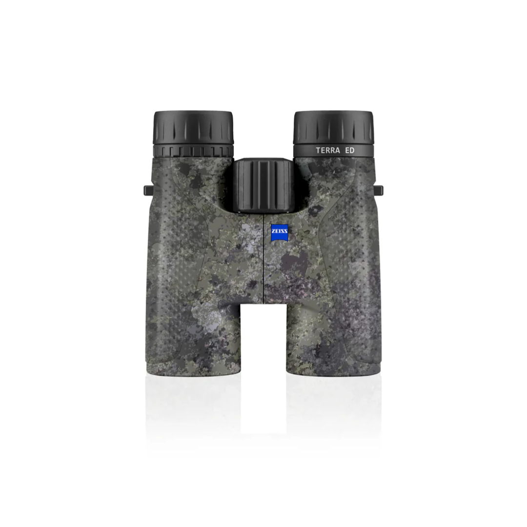 Demo ZEISS Terra ED 10x42 Binoculars in Camo finish with ED glass, 10x magnification, and rugged waterproof design for birdwatching, wildlife, and outdoor adventures. Available at Camera Club.
