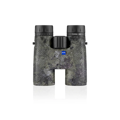 Demo ZEISS Terra ED 10x42 Binoculars in Camo finish with ED glass, 10x magnification, and rugged waterproof design for birdwatching, wildlife, and outdoor adventures. Available at Camera Club.