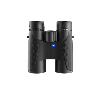 Unboxed ZEISS Terra ED 10x42 Binoculars in Black/Black with ED glass for sharp, bright viewing, ideal for birdwatching, wildlife observation, travel, and outdoor adventures.