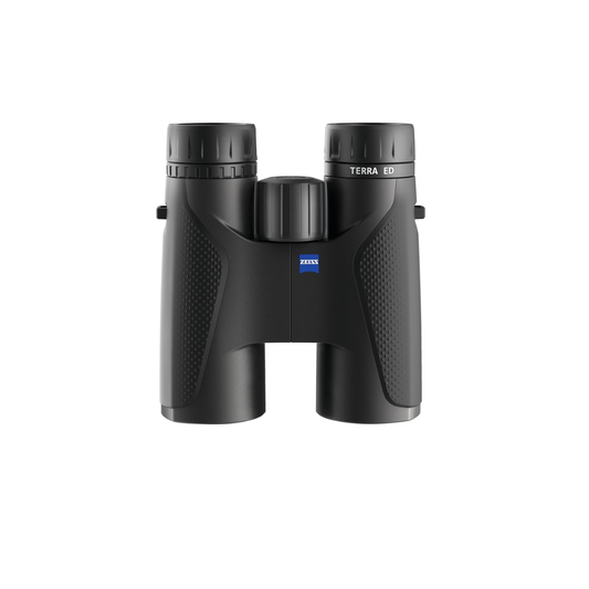 Unboxed ZEISS Terra ED 10x42 Binoculars in Black/Black with ED glass for sharp, bright viewing, ideal for birdwatching, wildlife observation, travel, and outdoor adventures.
