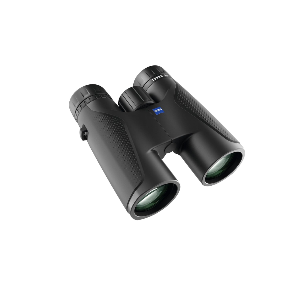 Unboxed ZEISS Terra ED 10x42 Binoculars in Black/Black with ED glass for sharp, bright viewing, ideal for birdwatching, wildlife observation, travel, and outdoor adventures.