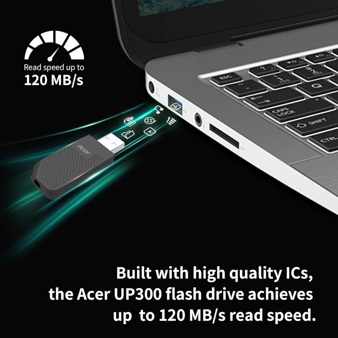 Acer UP300 USB 3.2 Gen 1 USB Flash Drive in Black with high-speed data transfer and compact portable design.