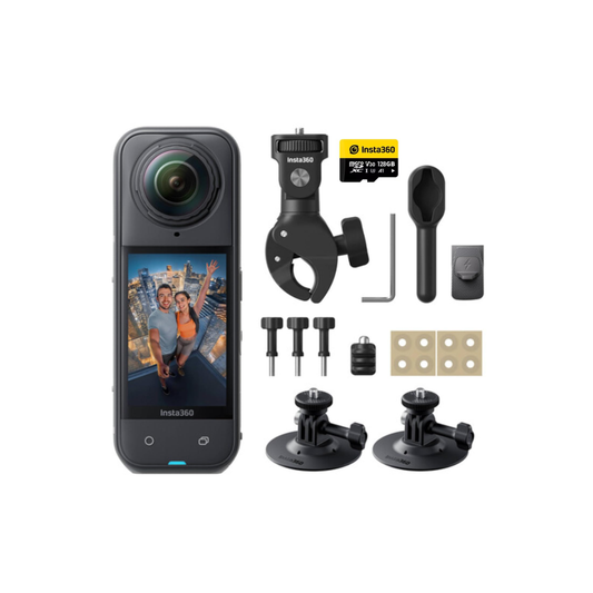 Insta360 X5 Motorcycle Bundle 360 action camera with motorcycle mounting accessories and stabilization kit available at Camera Club India