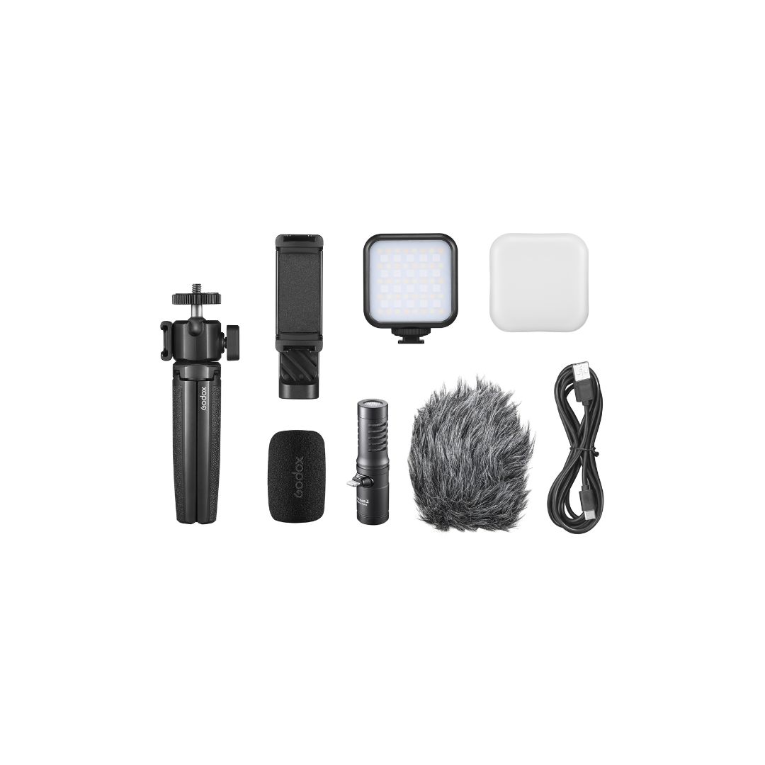 Godox VK3 Series Vlogging Kit with microphone, tripod, LED light, and phone holder designed for vlogging and content creation setup.
