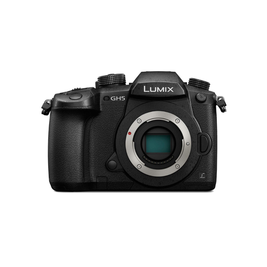 Used Panasonic Lumix GH5 mirrorless digital camera body shown in professional condition, designed for high-quality 4K video and still photography.