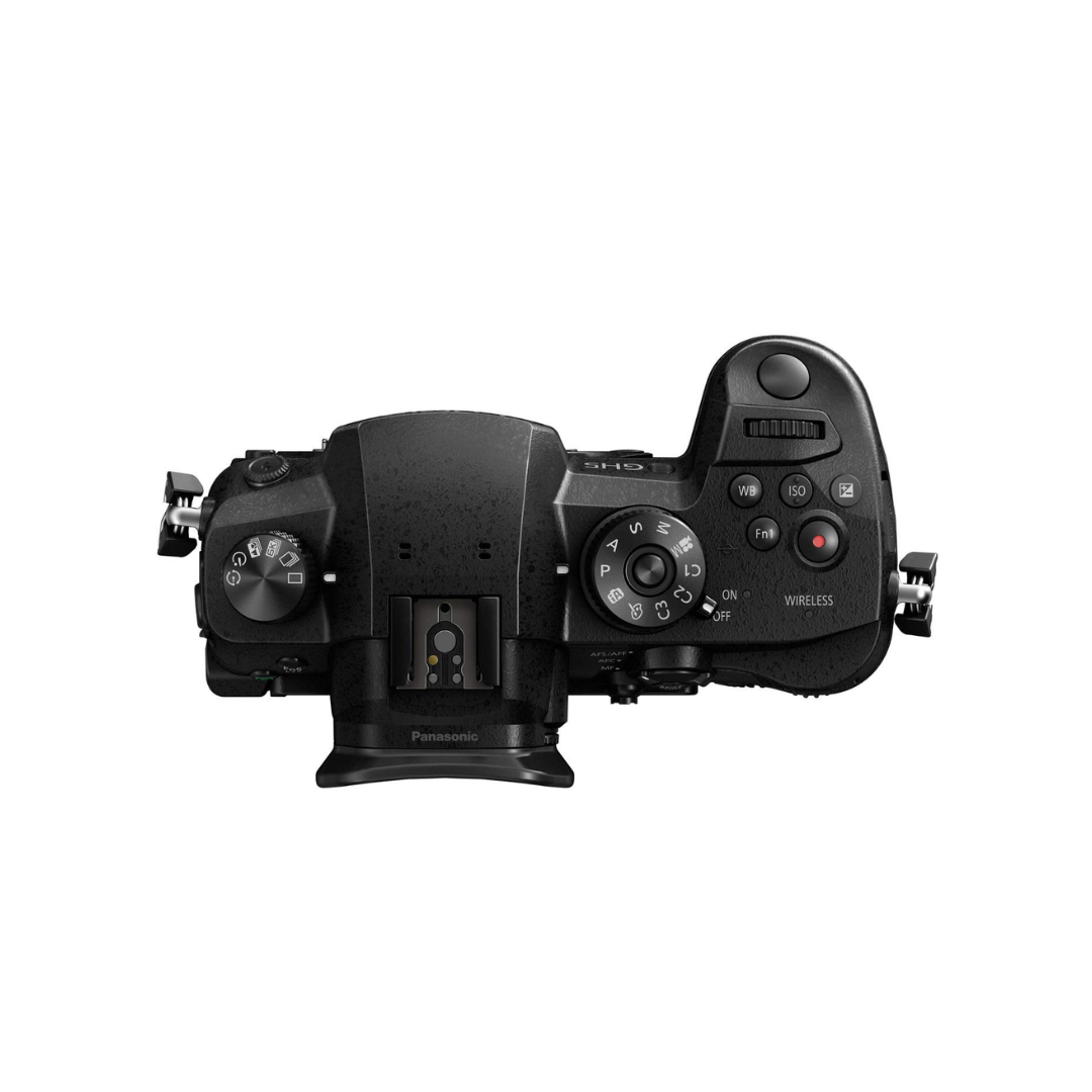 Used Panasonic Lumix GH5 mirrorless digital camera body shown in professional condition, designed for high-quality 4K video and still photography.