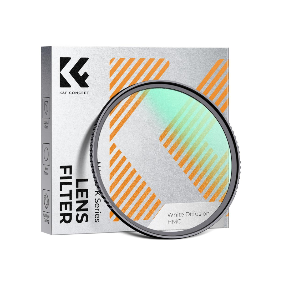 K&F Concept Classic White Mist Filter for camera lenses, creating soft glow, reduced highlights, and cinematic diffusion effect for photo and video shooting.