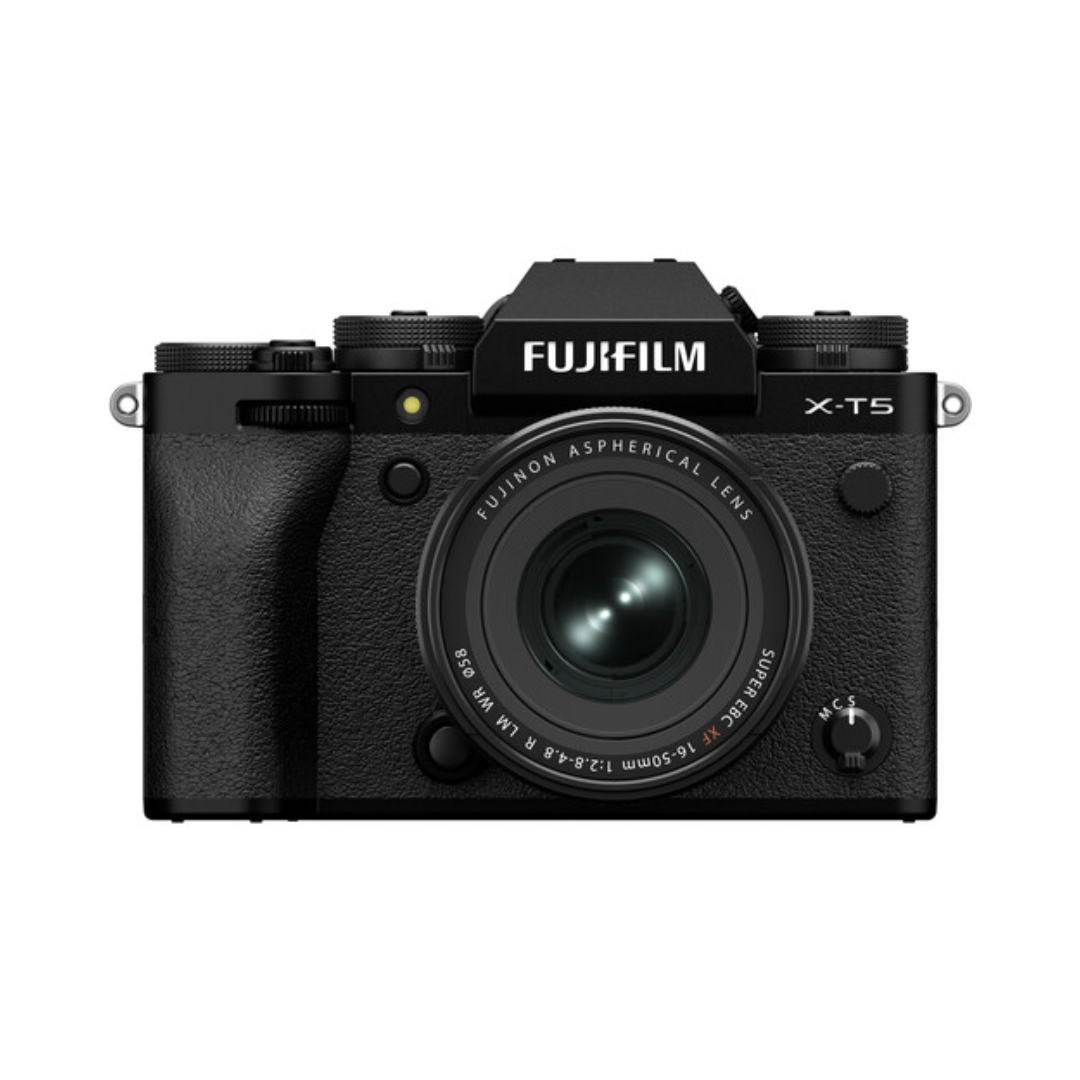 Fujifilm X-T5 mirrorless camera with 16-50mm kit lens front angled view