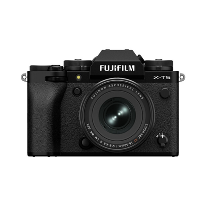 Fujifilm X-T5 mirrorless camera with 16-50mm kit lens front angled view