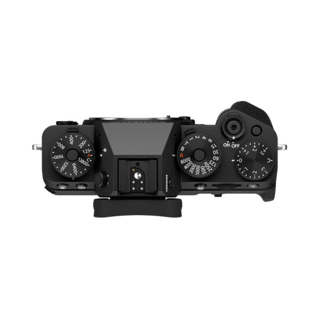 Fujifilm X-T5 mirrorless camera with 16-50mm kit lens front angled view
