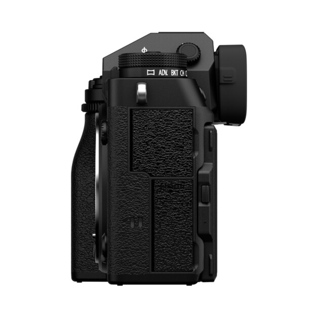 Fujifilm X-T5 mirrorless camera with 16-50mm kit lens front angled view