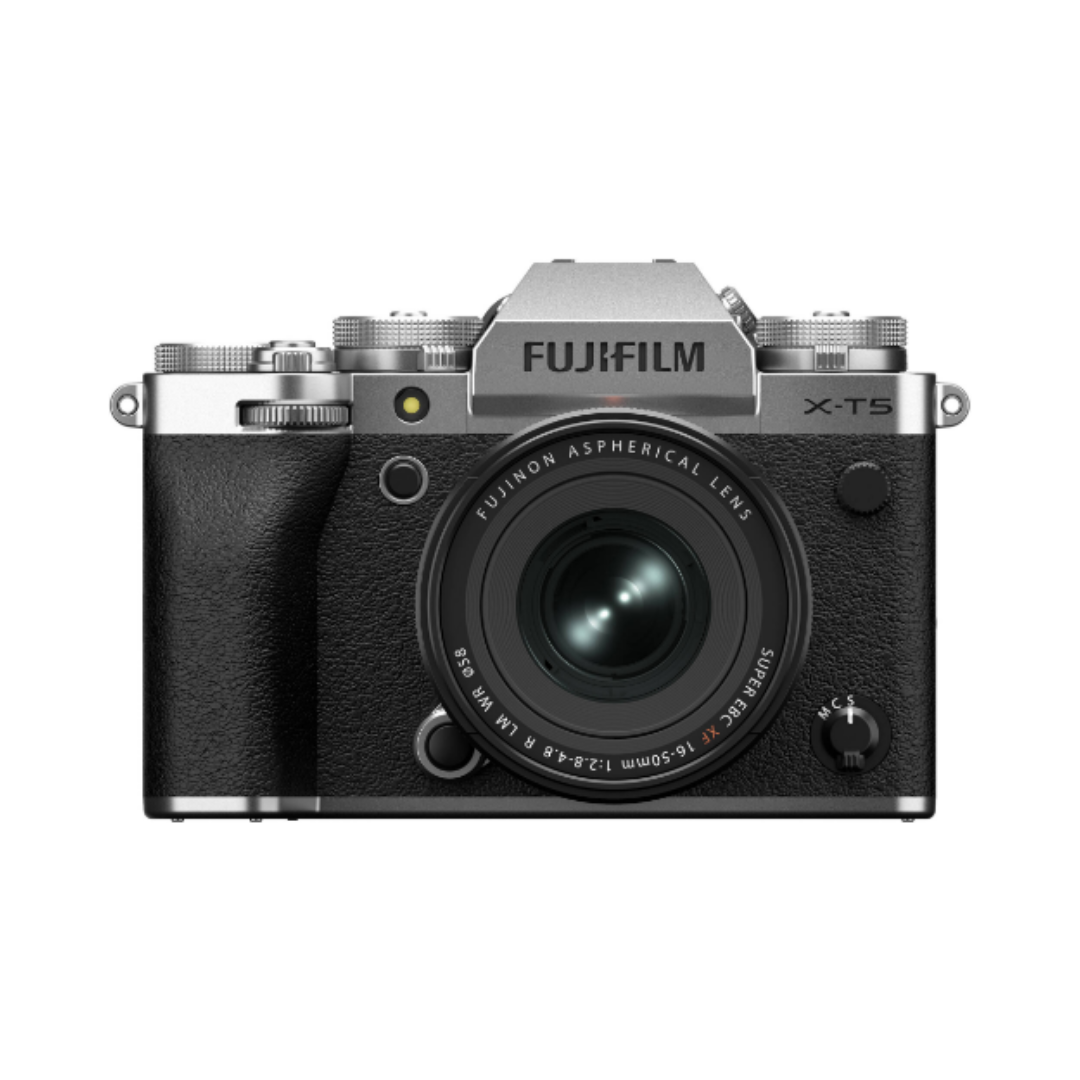 Fujifilm X-T5 mirrorless camera with 16-50mm kit lens front angled view