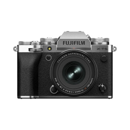 Fujifilm X-T5 mirrorless camera with 16-50mm kit lens front angled view