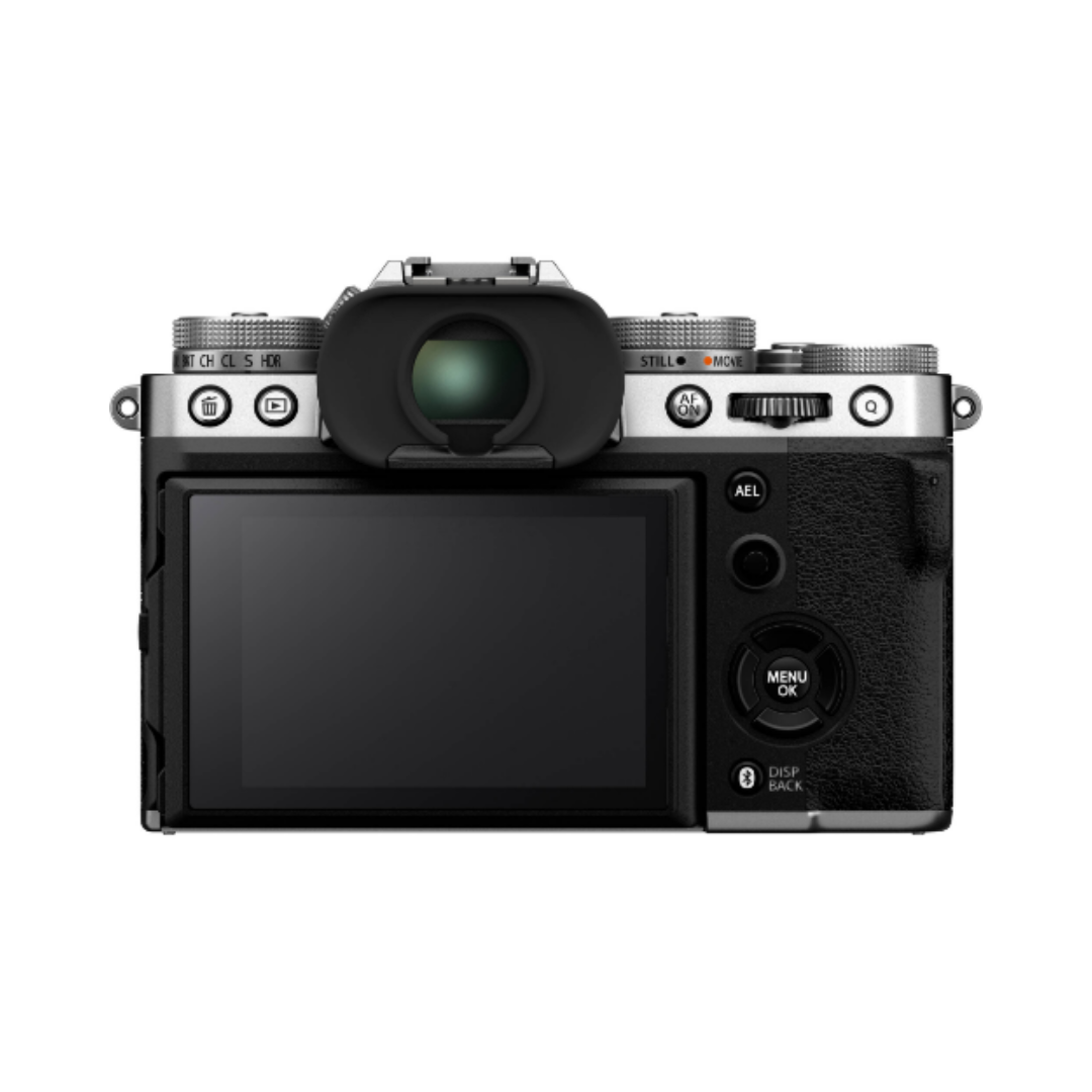 Fujifilm X-T5 mirrorless camera with 16-50mm kit lens front angled view
