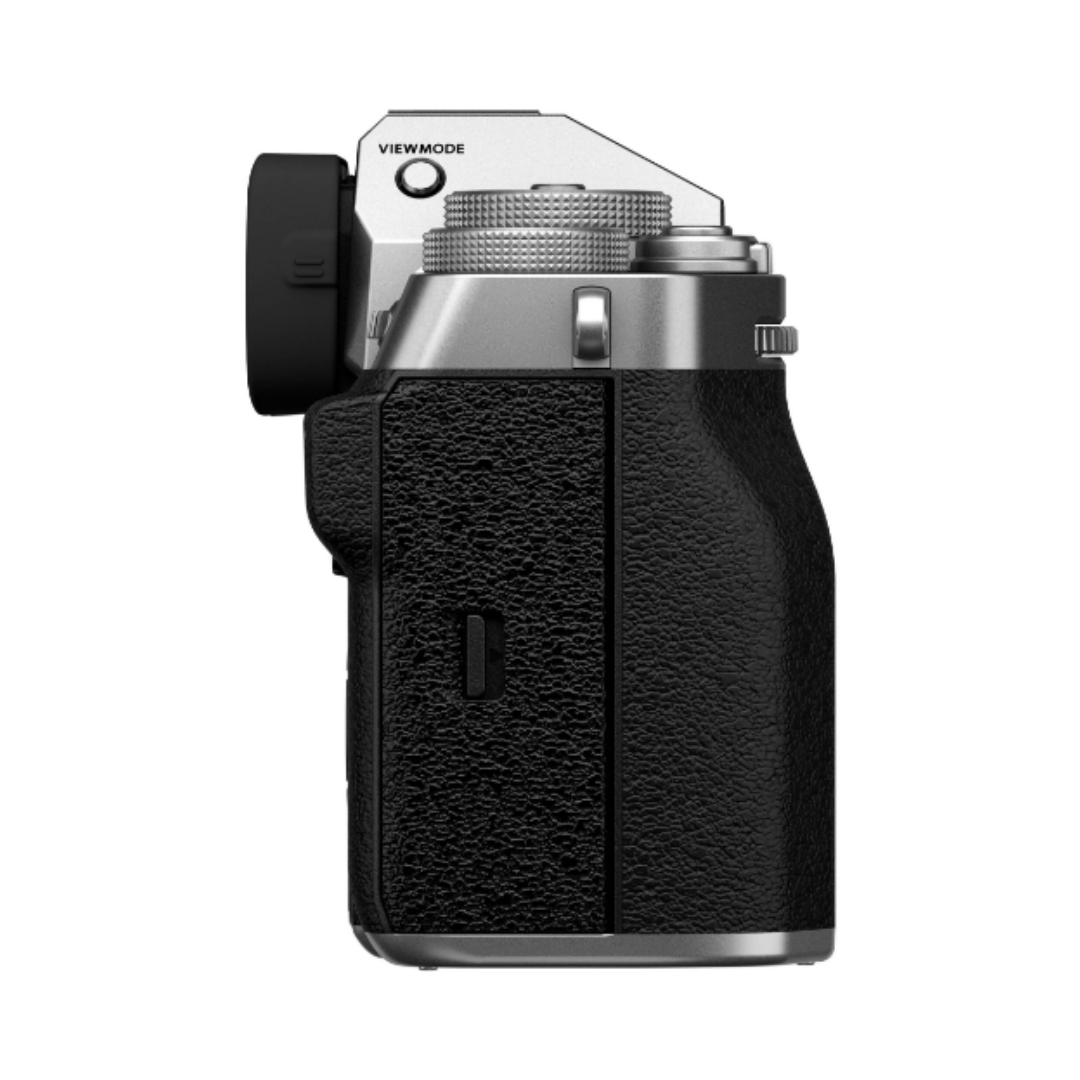 Fujifilm X-T5 mirrorless camera with 16-50mm kit lens front angled view