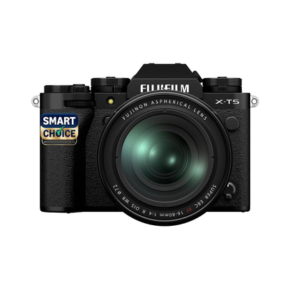 Fujifilm X-T5 mirrorless camera with 16-80mm zoom lens front angled view