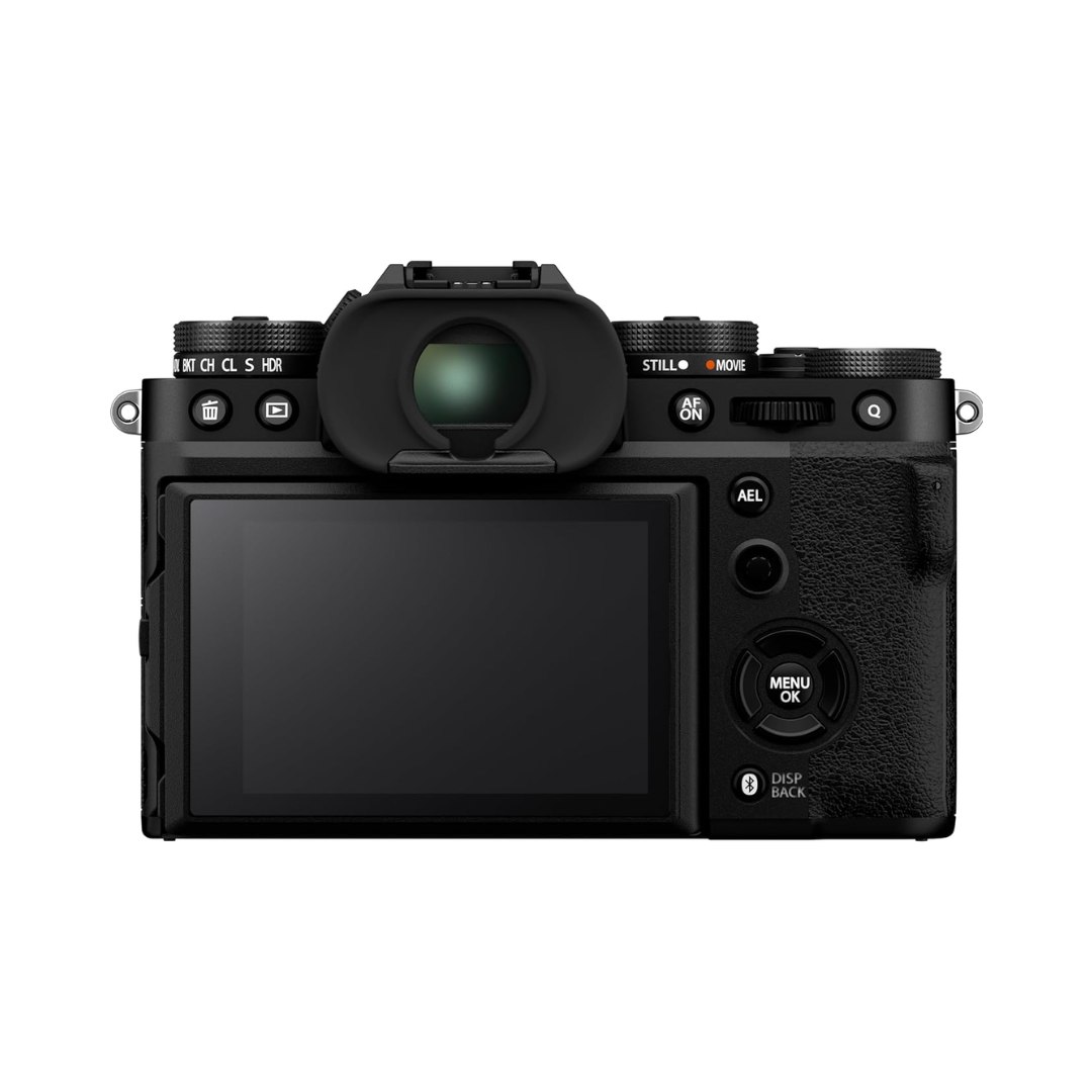 Fujifilm X-T5 mirrorless camera with 16-80mm zoom lens front angled view
