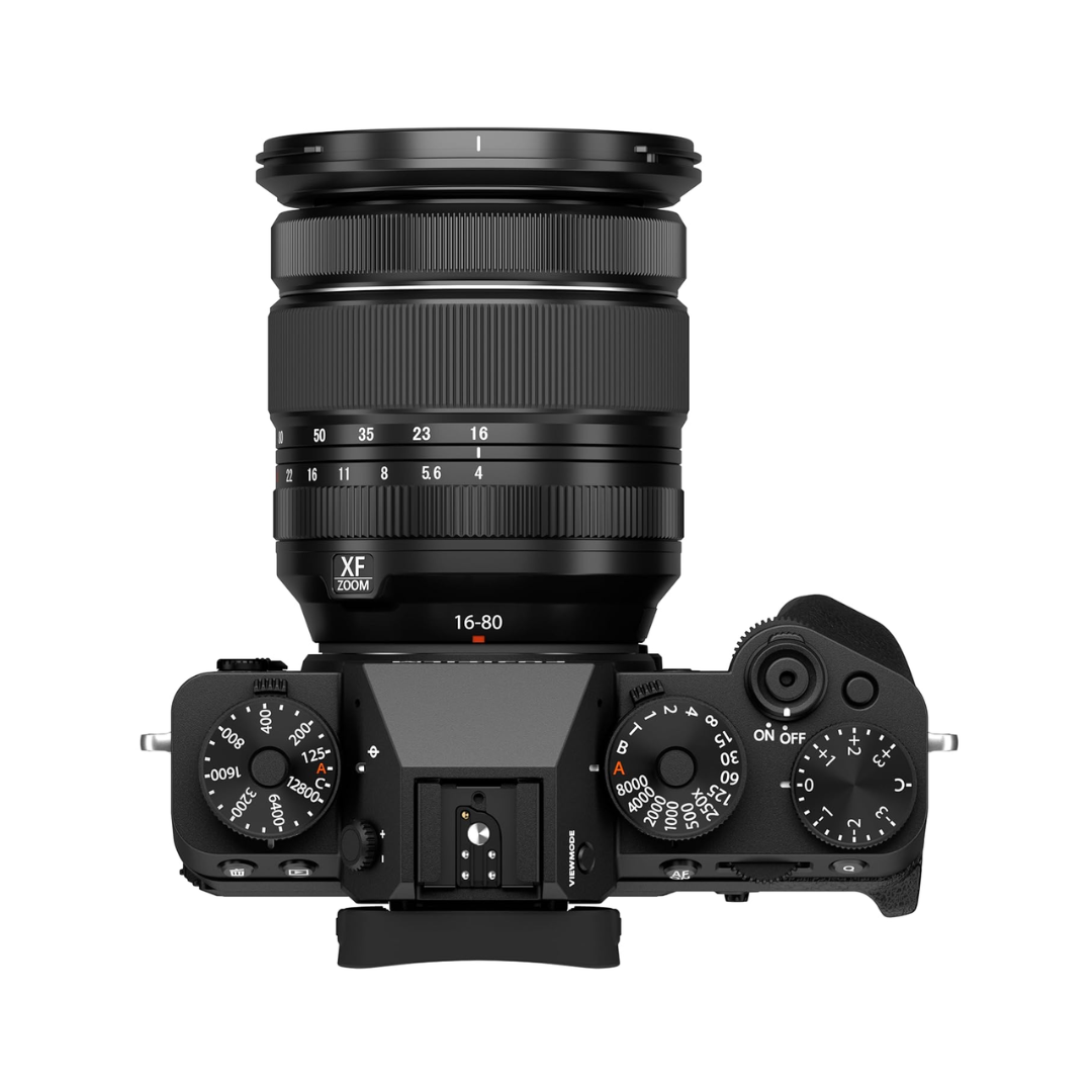 Fujifilm X-T5 mirrorless camera with 16-80mm zoom lens front angled view