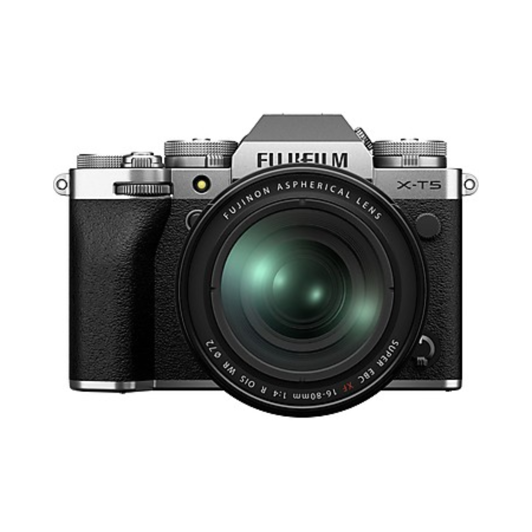 Fujifilm X-T5 mirrorless camera with 16-80mm zoom lens front angled view